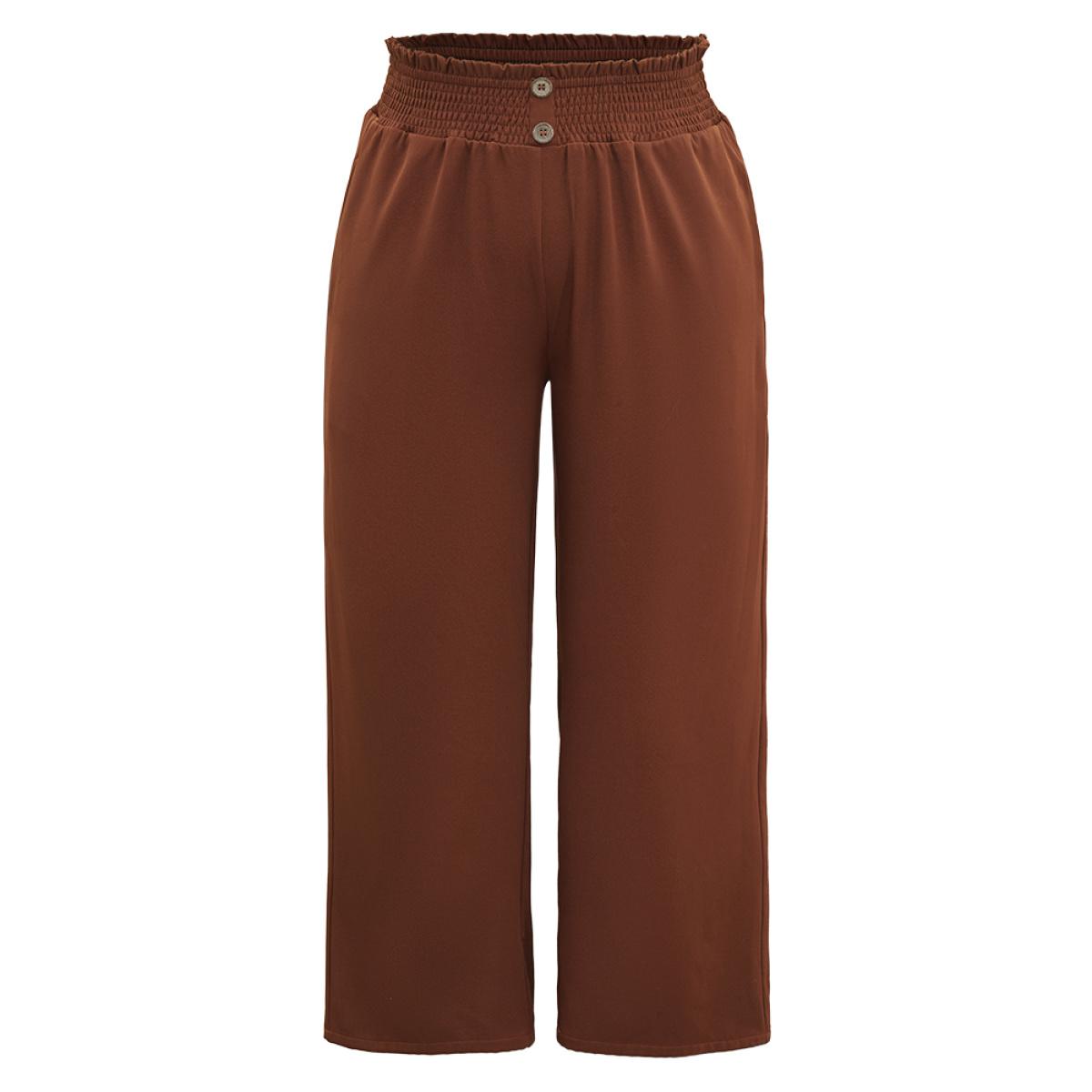 Plus Size Paperbag Waist Button Detail Shirred Pants Women Rust Office Wide Leg High Rise Work Pants BloomChic 10/M Product Image