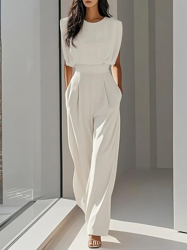 Loose Pleated Solid Color Split-Joint Round-Neck Jumpsuits Product Image