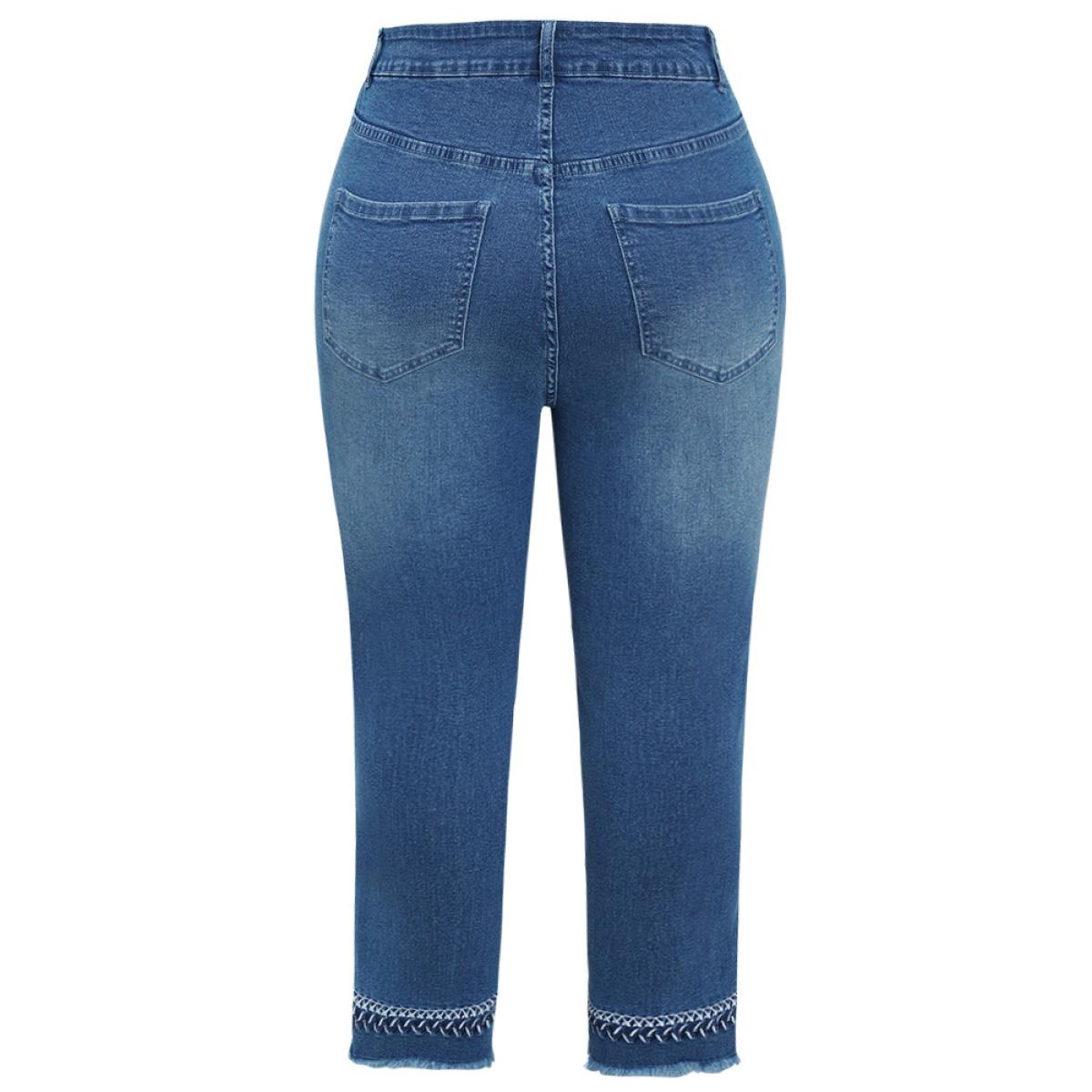 Plus Size Very Stretchy Medium Wash Embroidered Raw Hem Jeans Women Blue Elegant Plain Embroidered High stretch Pocket Jeans BloomChic 12/L Product Image