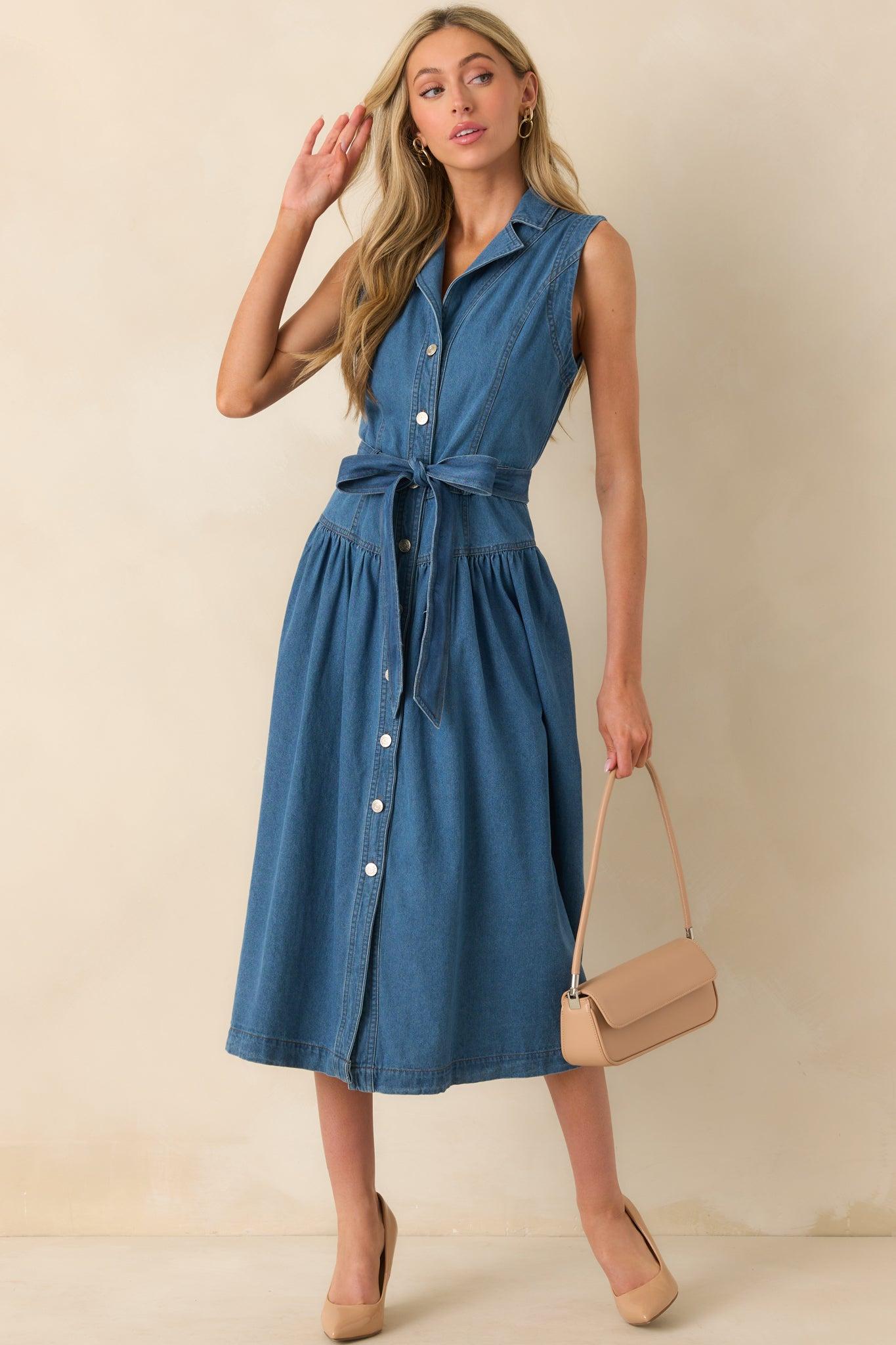Riverside Sips Blue Denim Button Front Maxi Dress Product Image