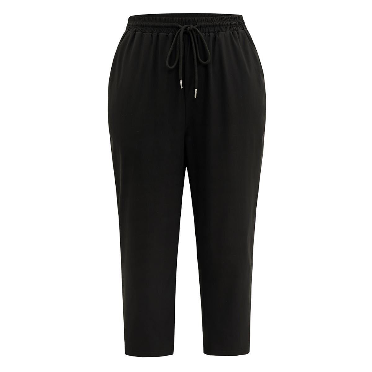 Plus Size Solid Drawstring Pocket Elastic Waist Pants Women Black Casual Straight Leg High Rise Dailywear Pants BloomChic 10/M Product Image