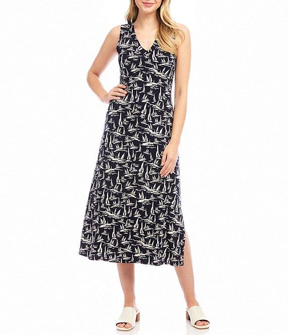 Karen Kane Sailboat Print V-Neck Sleeveless Midi Dress Product Image