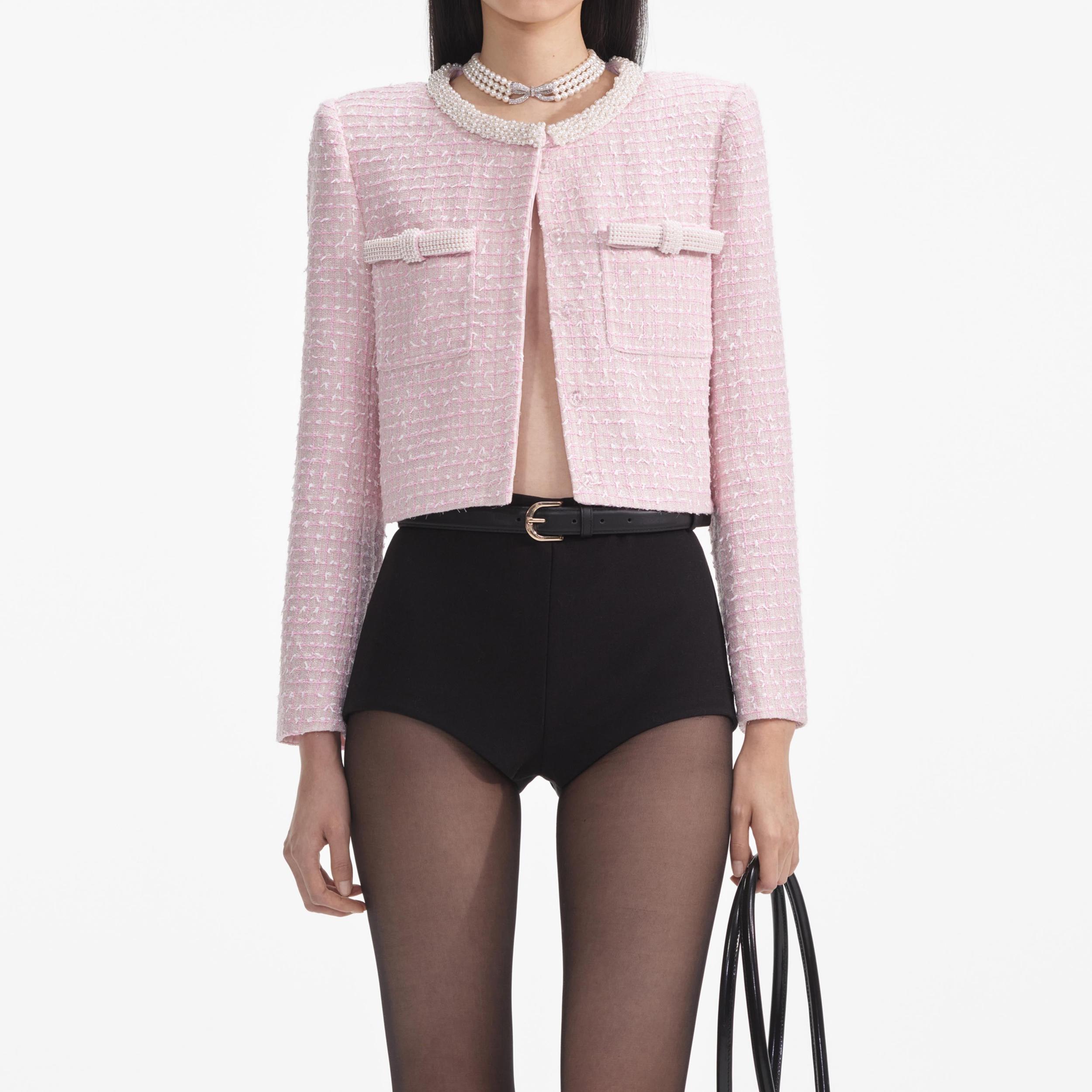 Pink Boucle Pearl Trim Jacket Product Image