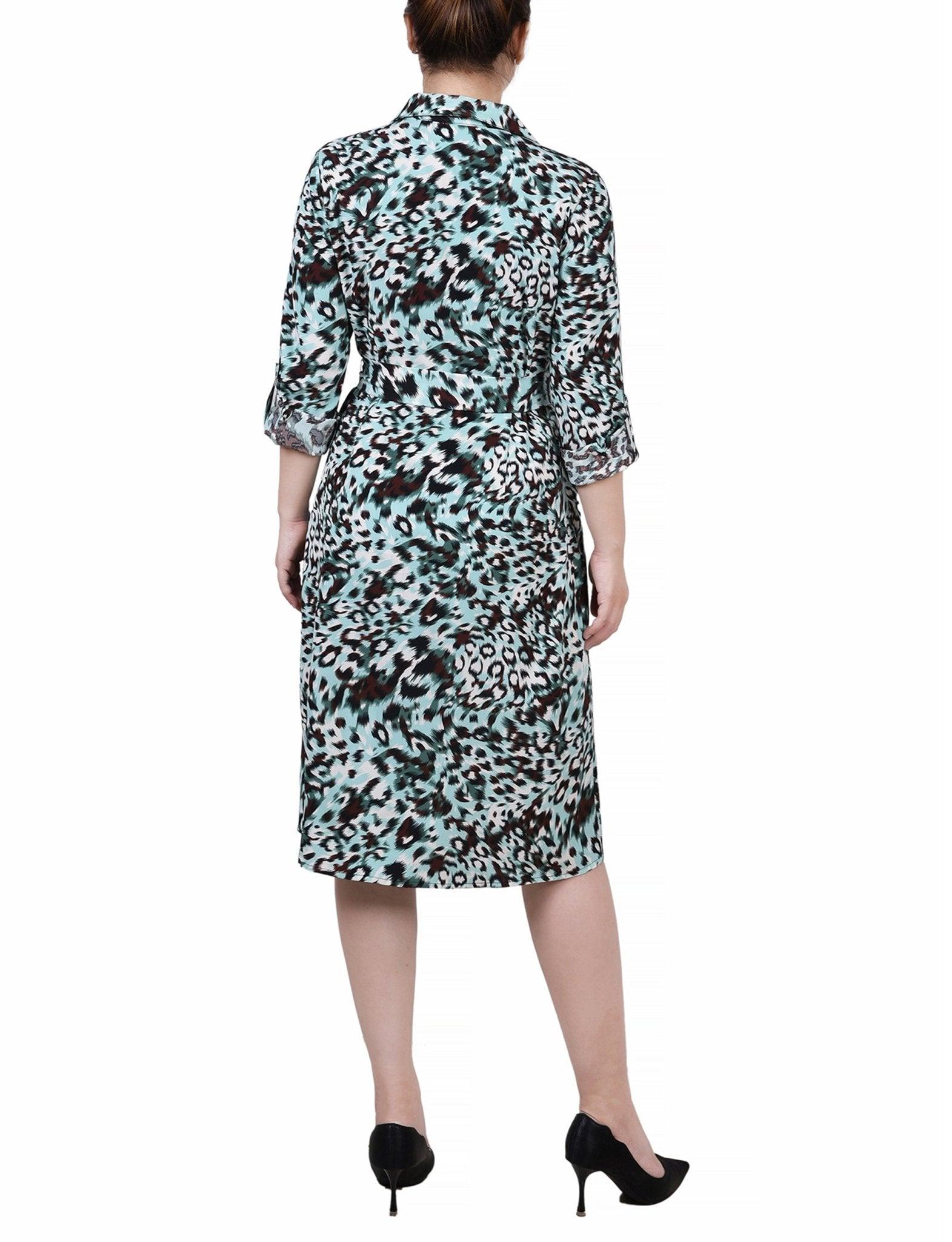 Cypress Inca Gold Navy Zigzag 3/4 Roll Tab Sleeve Belted Shirtdress - Petite Product Image