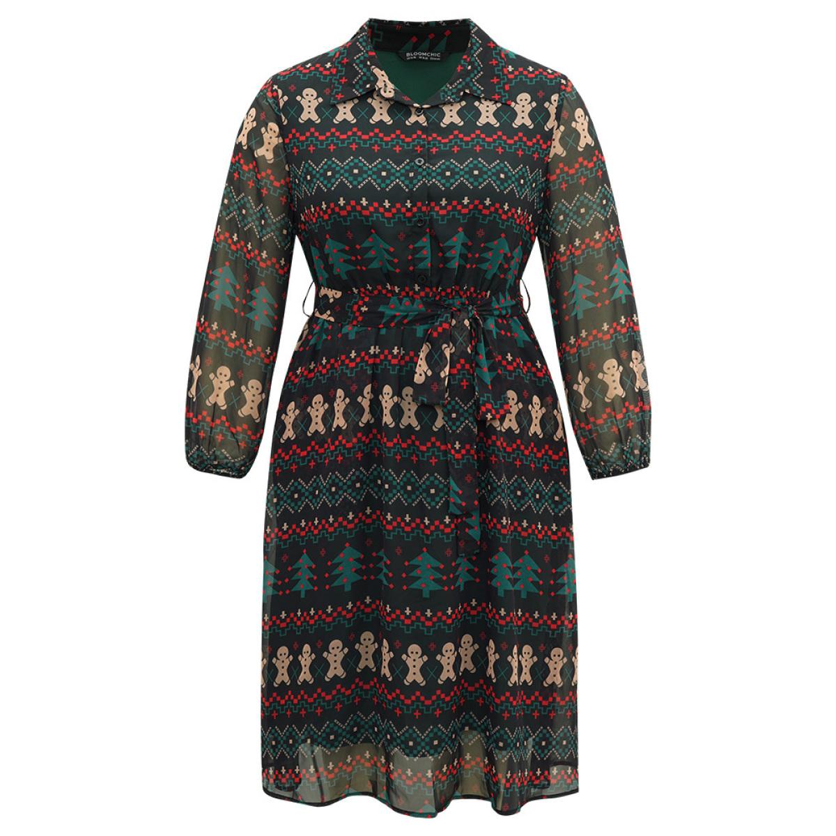 Plus Size Christmas Button Through Belted Mesh Patchwork Dress Cyan Women Office Elastic cuffs Shirt collar Long Sleeve Curvy Midi Dress BloomChic 18-20/2X Product Image