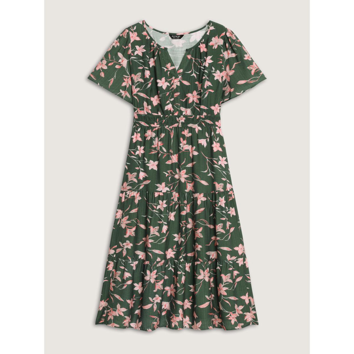 Plus Size Breezy Floral Shirred Waist Midi Dress DarkGreen Women Romantic Flat collar with V-notch Short sleeve Curvy BloomChic 10/M Product Image