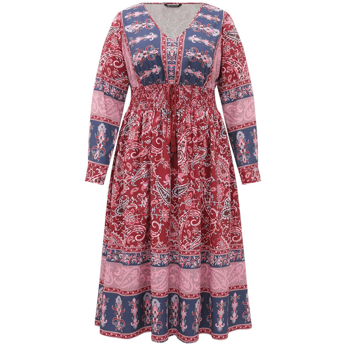 Plus Size Bandana Print Pocket Shirred Bowknot Dress Scarlet Women Vacation Cross straps V-neck Long Sleeve Curvy Midi Dress BloomChic 12/L Product Image