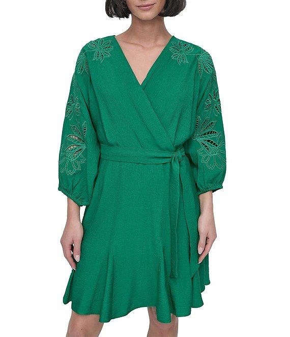 DKNY by Donna Karan Eyelet Surplice Neck 3/4 Sleeve Tie Belt Mini Dress Product Image