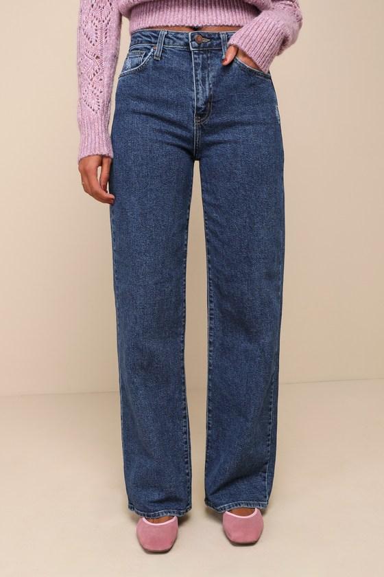 Simply Cool Dark Wash Denim High-Rise Wide-Leg Jeans Product Image