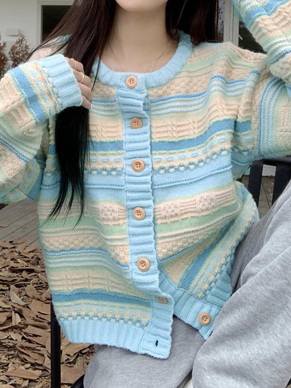 Textured Contrast Color Splice Knit Cardigan Product Image