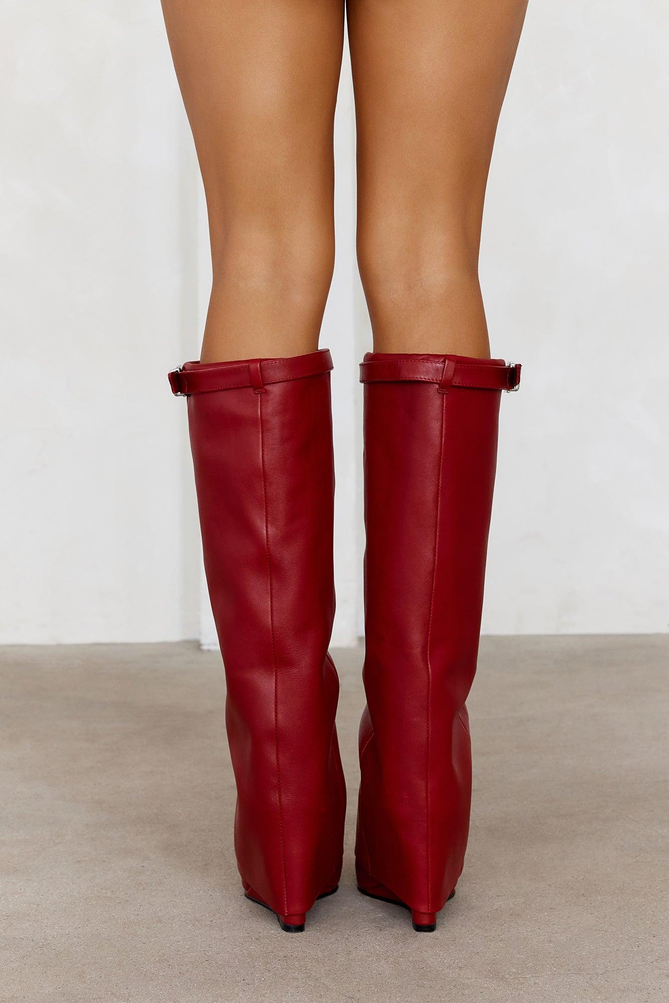 Coreene Leather Knee High Boots Red Product Image