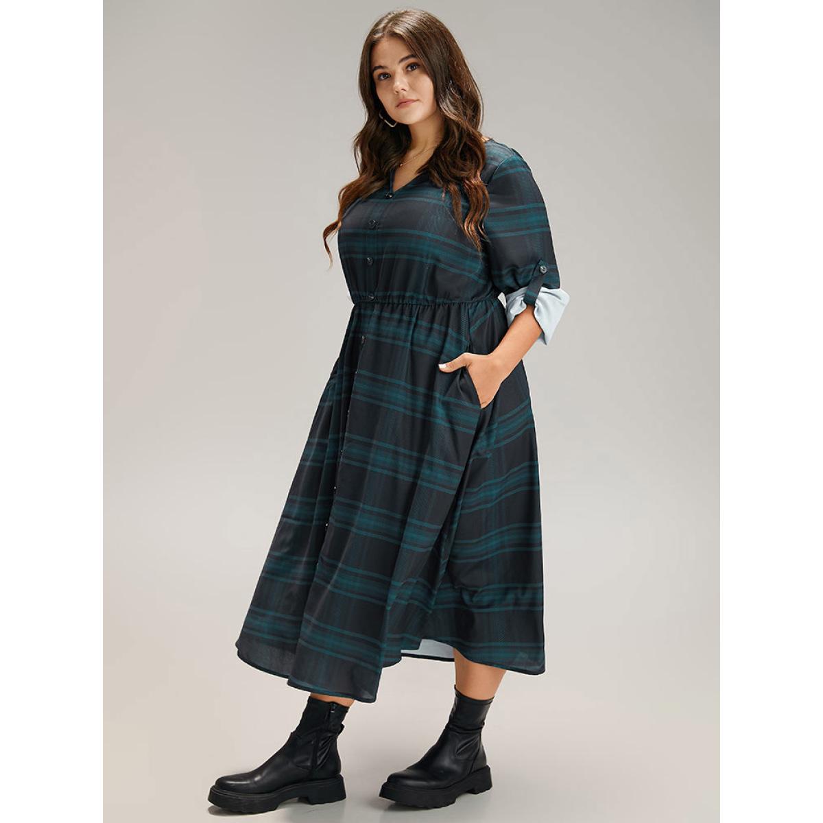Plus Size Plaid Button Detail Notched Tab Sleeve Dress Indigo Women Casual Printed Notched collar Long Sleeve Curvy Midi Dress BloomChic 22-24/3X Product Image