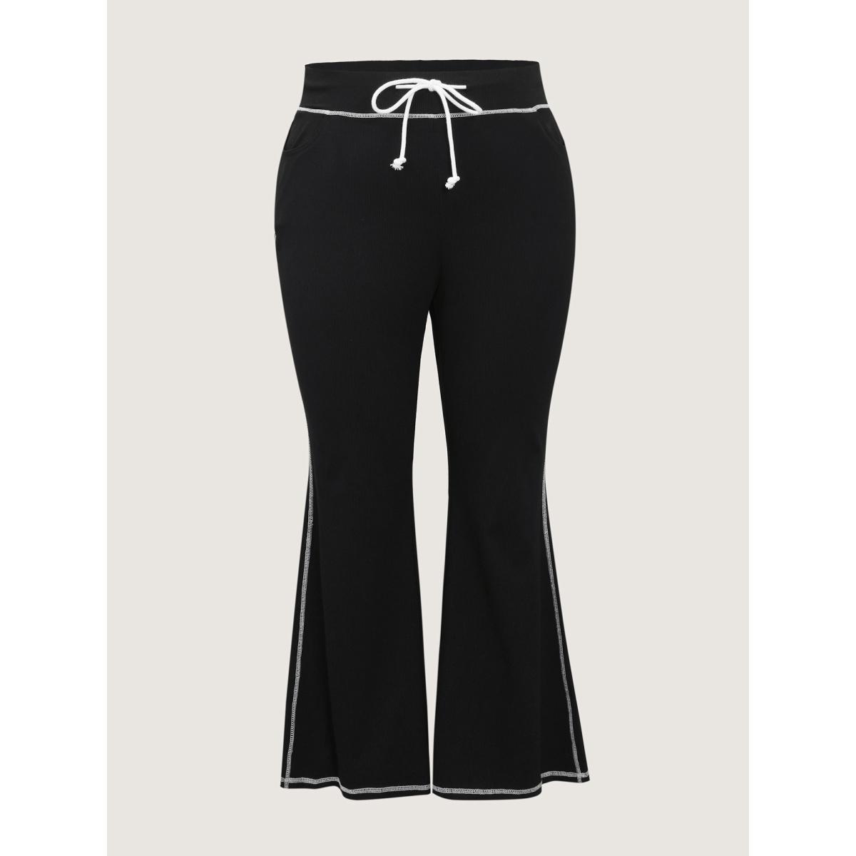 Plus Size Stretchy Drawstring Waist Flared Pants Women Black Leisure Bootcut Mid Rise Casual Pants BloomChic 30/6X Product Image