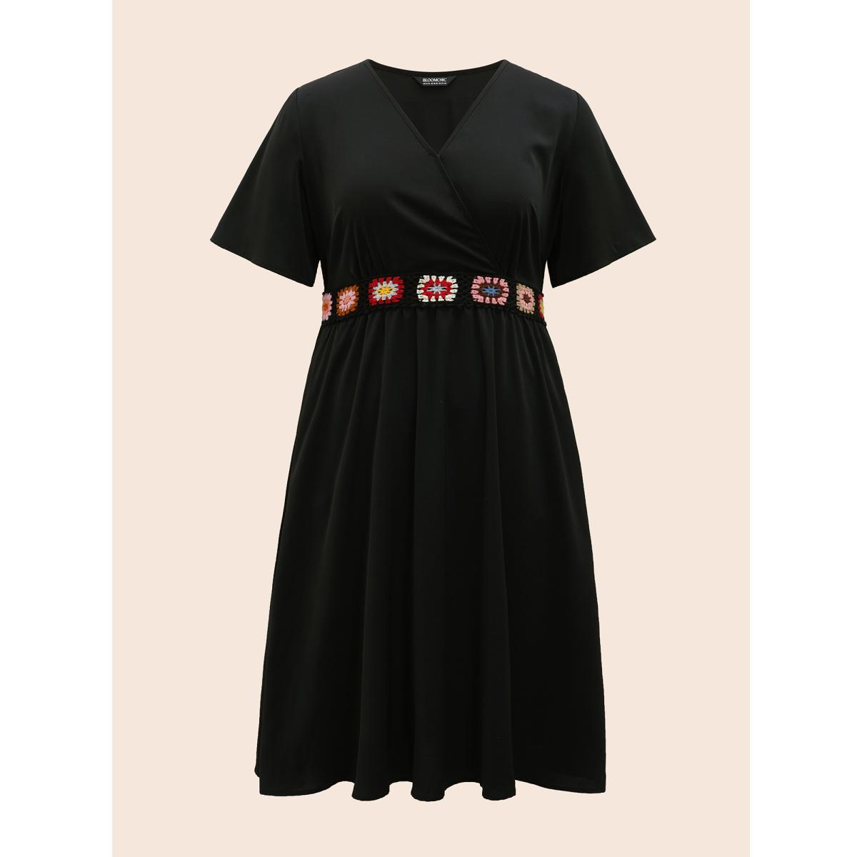 Plus Size Crochet Floral Overlap Collar Shirred Dress Black Women Elegant Woven ribbon&lace trim Overlap Collar Short sleeve Curvy BloomChic 14-16/1X Product Image