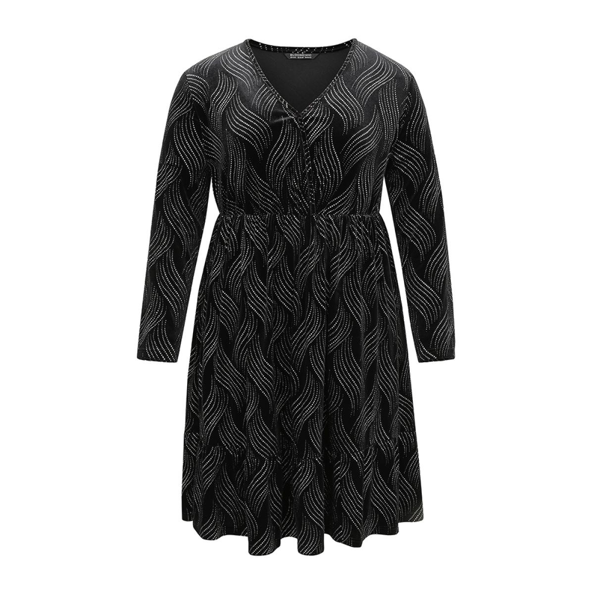Plus Size Velvet Rhinestone Pocket Overlap Collar Dress Black Women Glamour Velvet Overlap Collar Long Sleeve Curvy Midi Dress BloomChic 22-24/3X Product Image