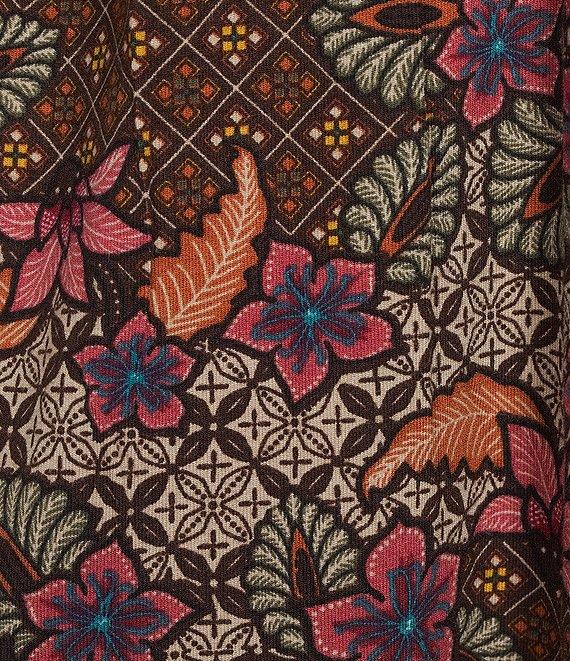 Intro Knit Jersey Beaujolais Floral Batik Print 3/4 Sleeve Pleated Neck Tee Product Image