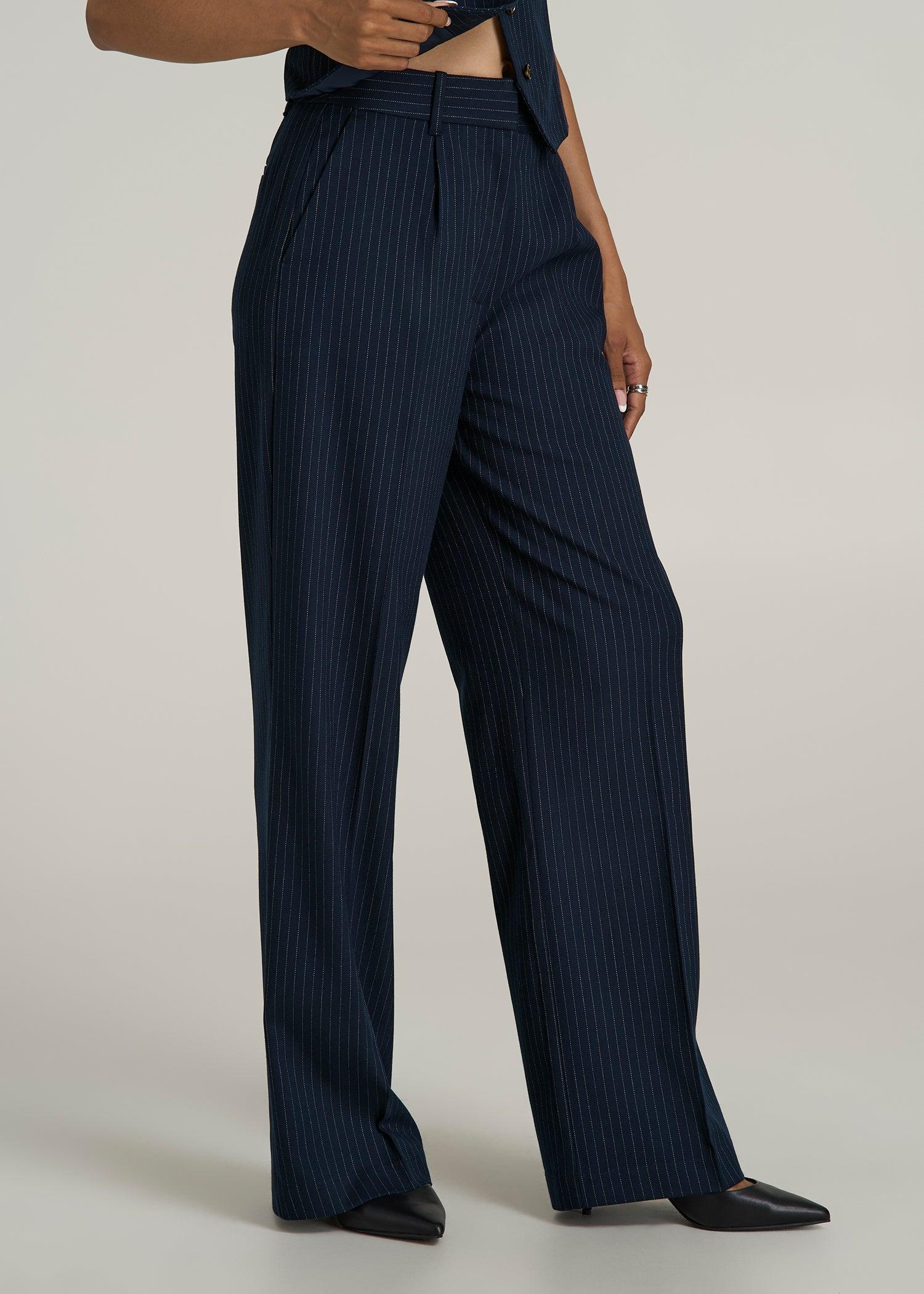High-Rise Wide-Leg Pleated Dress Pants for Tall Women in Navy Pinstripe Female Product Image