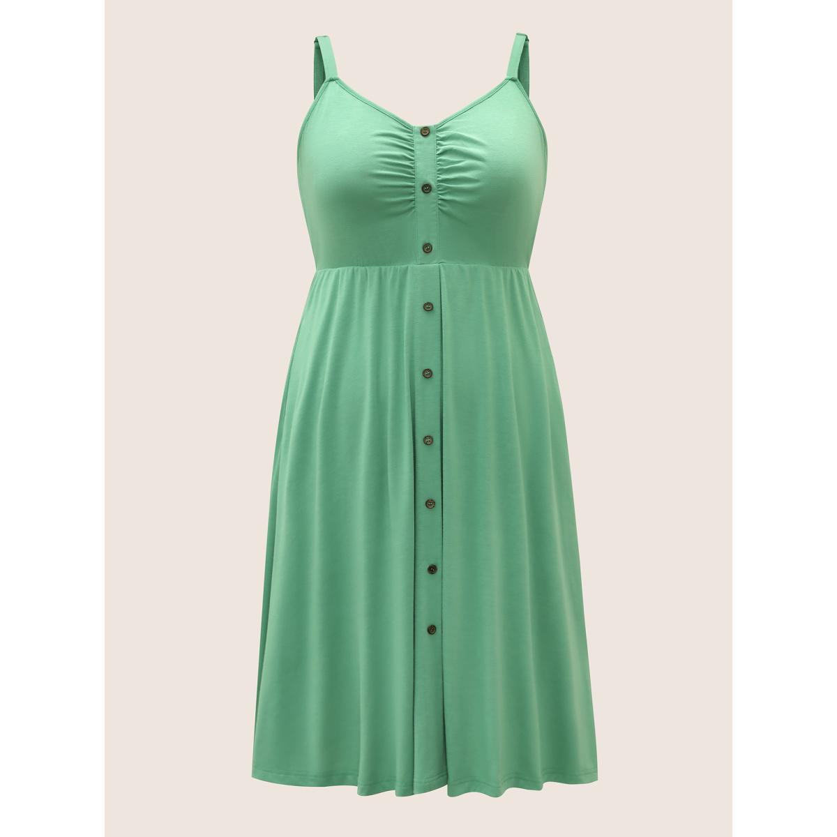 Plus Size Solid Ruched Button Detail Adjustable Straps Dress Mint Women Casual Non V-neck Sleeveless Curvy Midi Dress BloomChic 26/4X Product Image