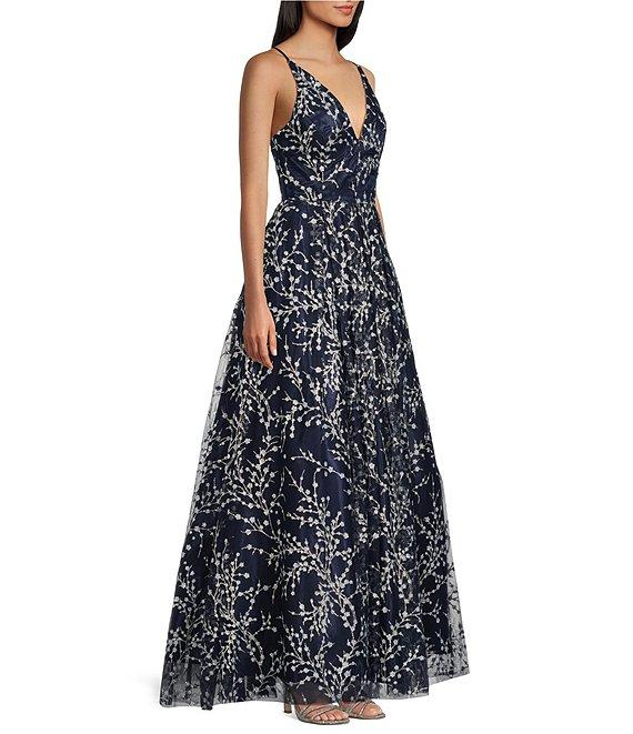 Blondie Nites Caviar Glitter Patterned V-Neck Sleeveless Tie Back A-Line Gown Product Image