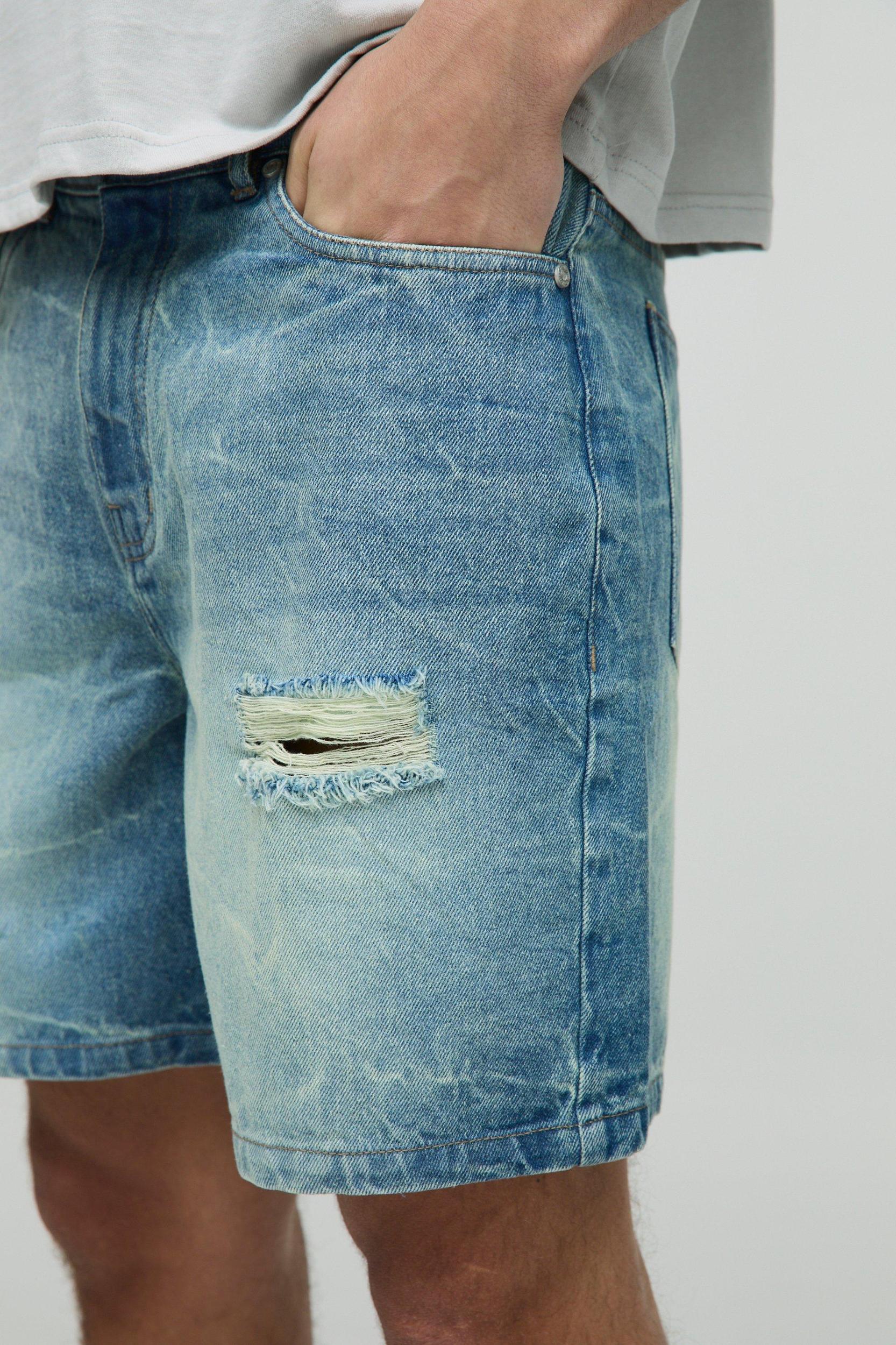 Relaxed Fit Ripped Crinkle Antique Wash Denim Shorts | boohooMAN USA Product Image