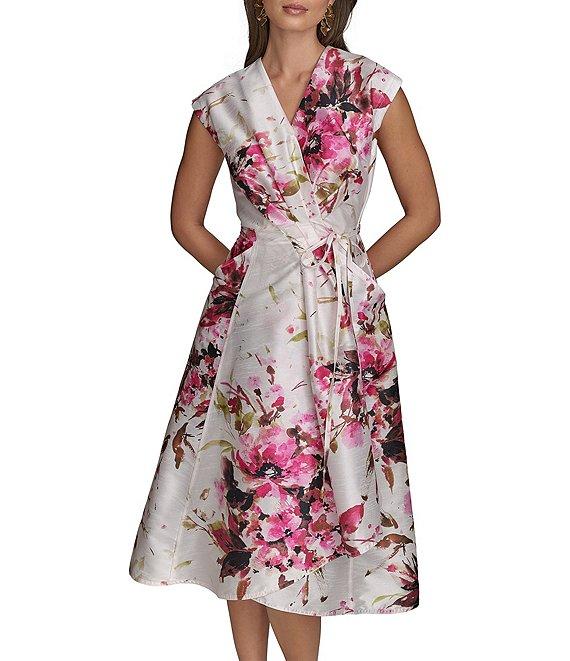 Donna Karan Dupioni V-Neck Cap Sleeve Tie Sash Midi Wrap Dress Product Image