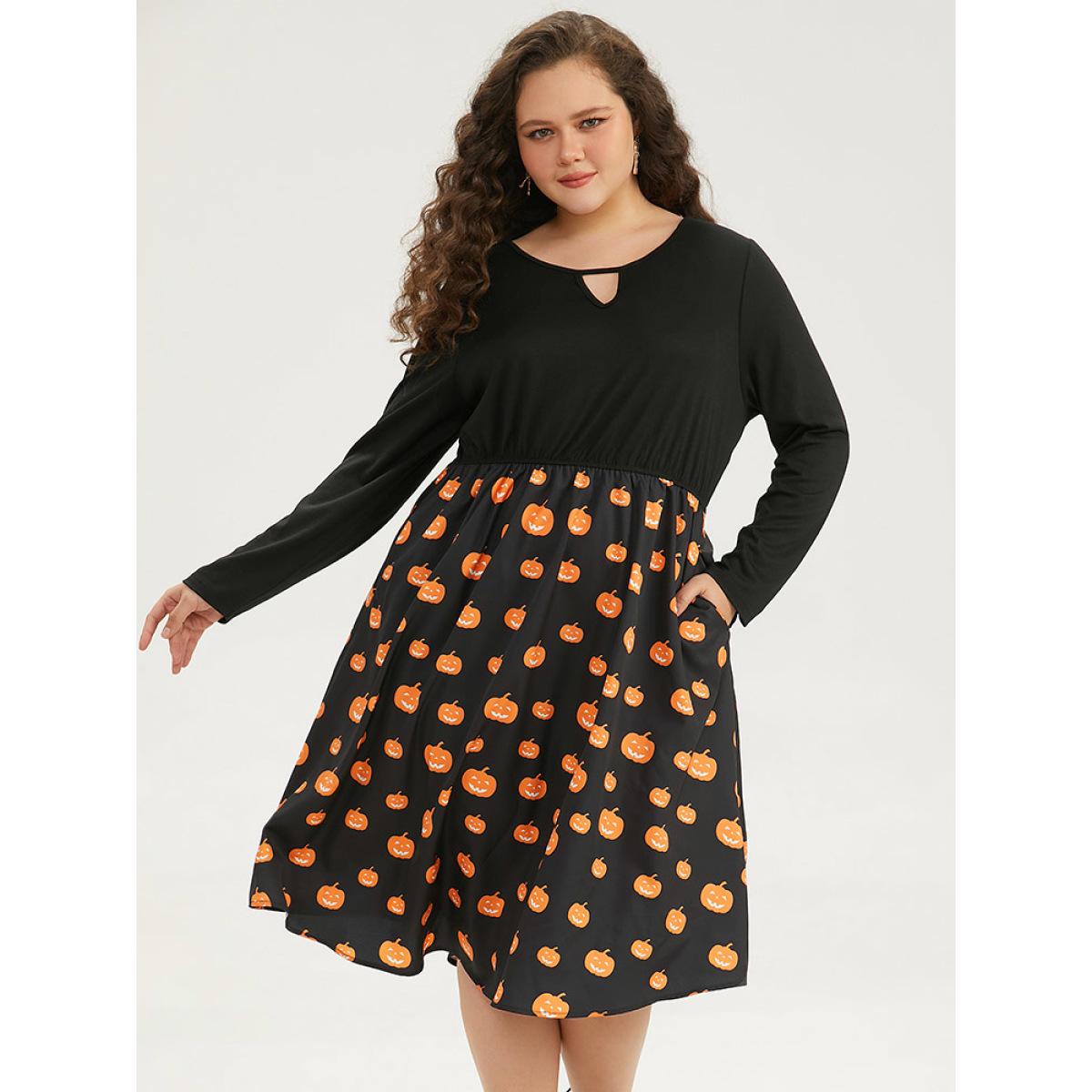 Plus Size Halloween Pumpkin Print Patchwork Keyhole Pocket Dress Black Women Office Printed Keyhole Cut-Out Long Sleeve Curvy Midi Dress BloomChic 10/M Product Image