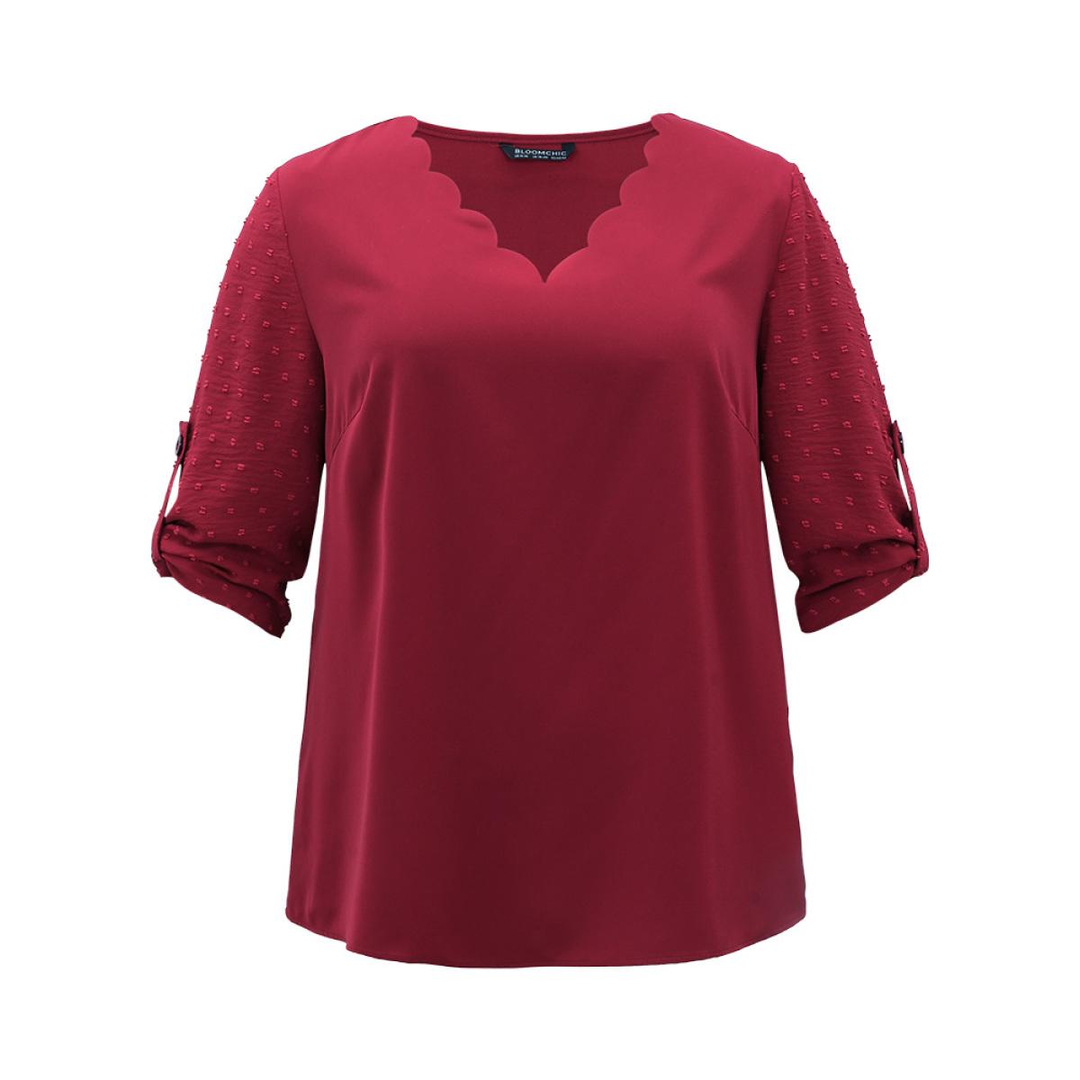 Plus Size Scarlet Plain V Neck Tab Sleeve Scalloped Trim Blouse Women Office Elbow-length sleeve V-neck Office Blouses BloomChic 12/L Product Image