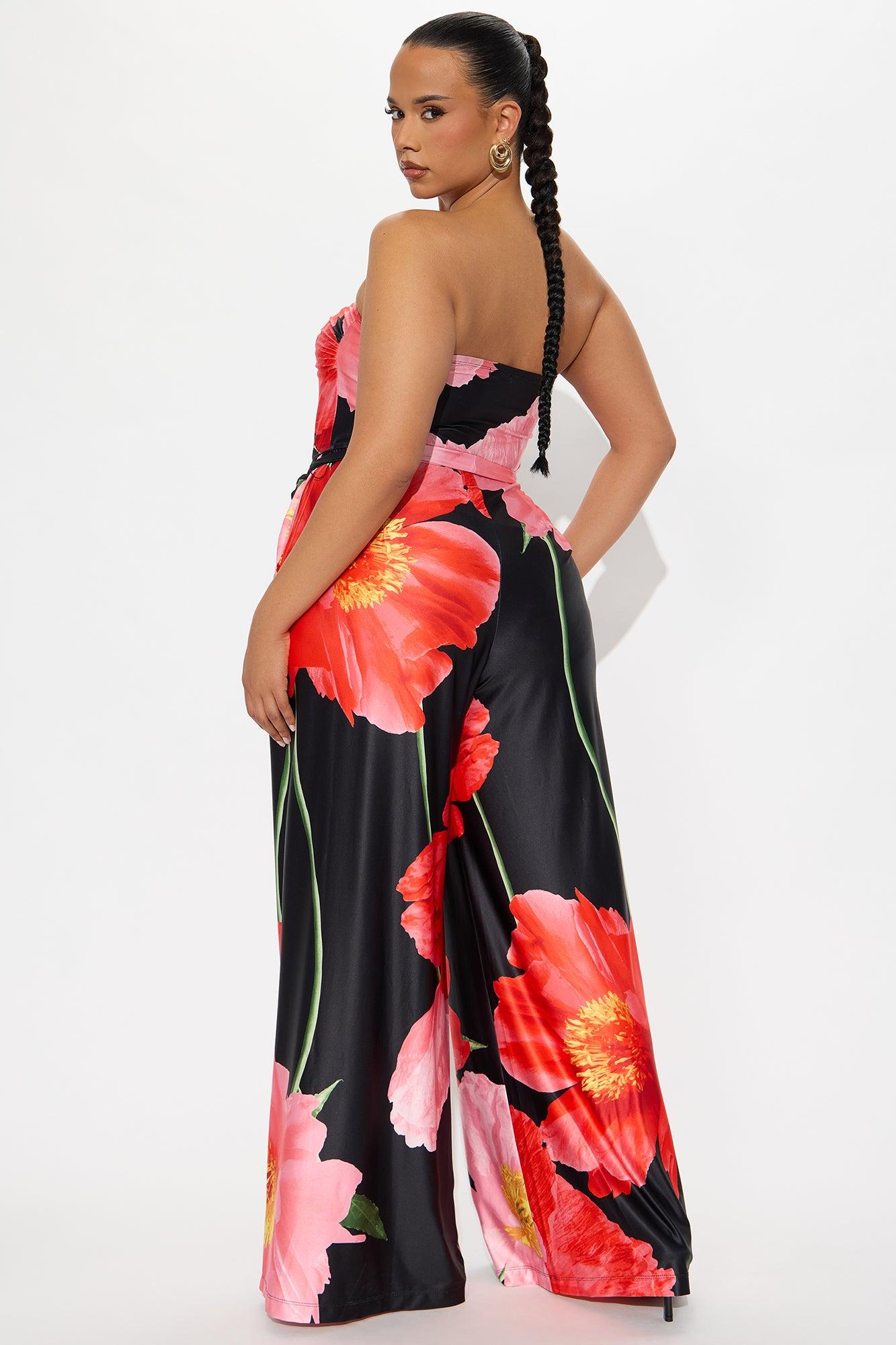 Falling Flower Wide Leg Strapless Jumpsuit - Black/combo Product Image