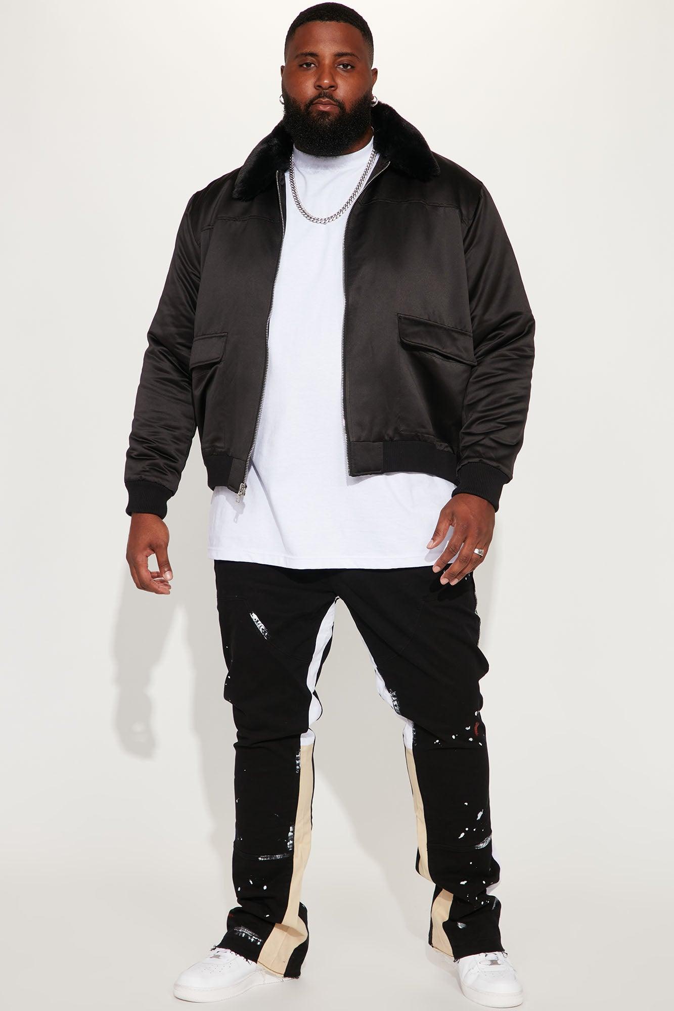 Faux Fur Collar Aviator Bomber Jacket - Black Product Image