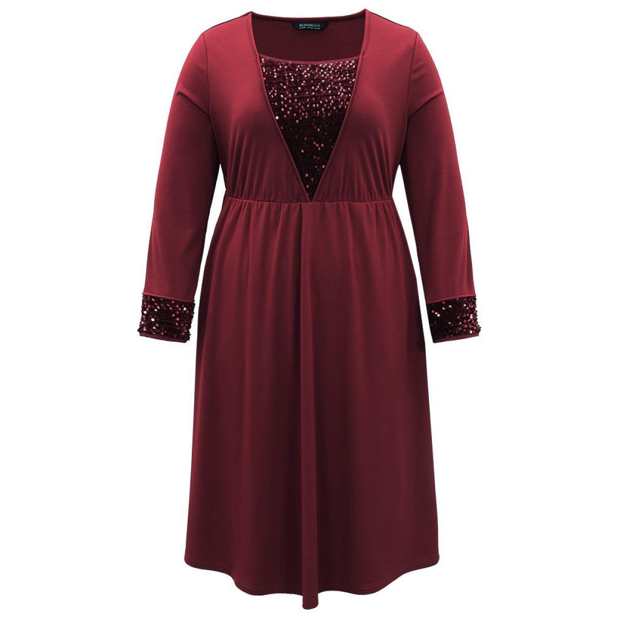 Plus Size Plain Sequin Patchwork Elastic Waist Dress Scarlet Women Glamour Sequin Square Neck Long Sleeve Curvy Midi Dress BloomChic 18-20/2X Product Image