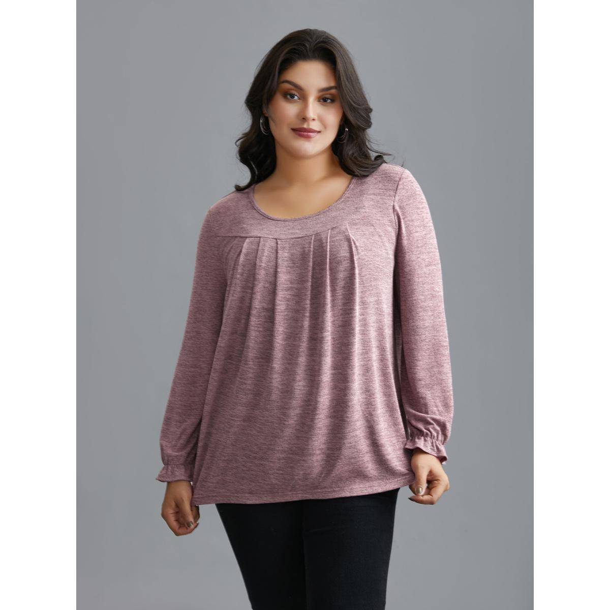 Plus Size Round Neck Heather Pleated T-shirt Blush Women Leisure Pleated Round Neck Loose Casual T-shirts BloomChic 10/M Product Image