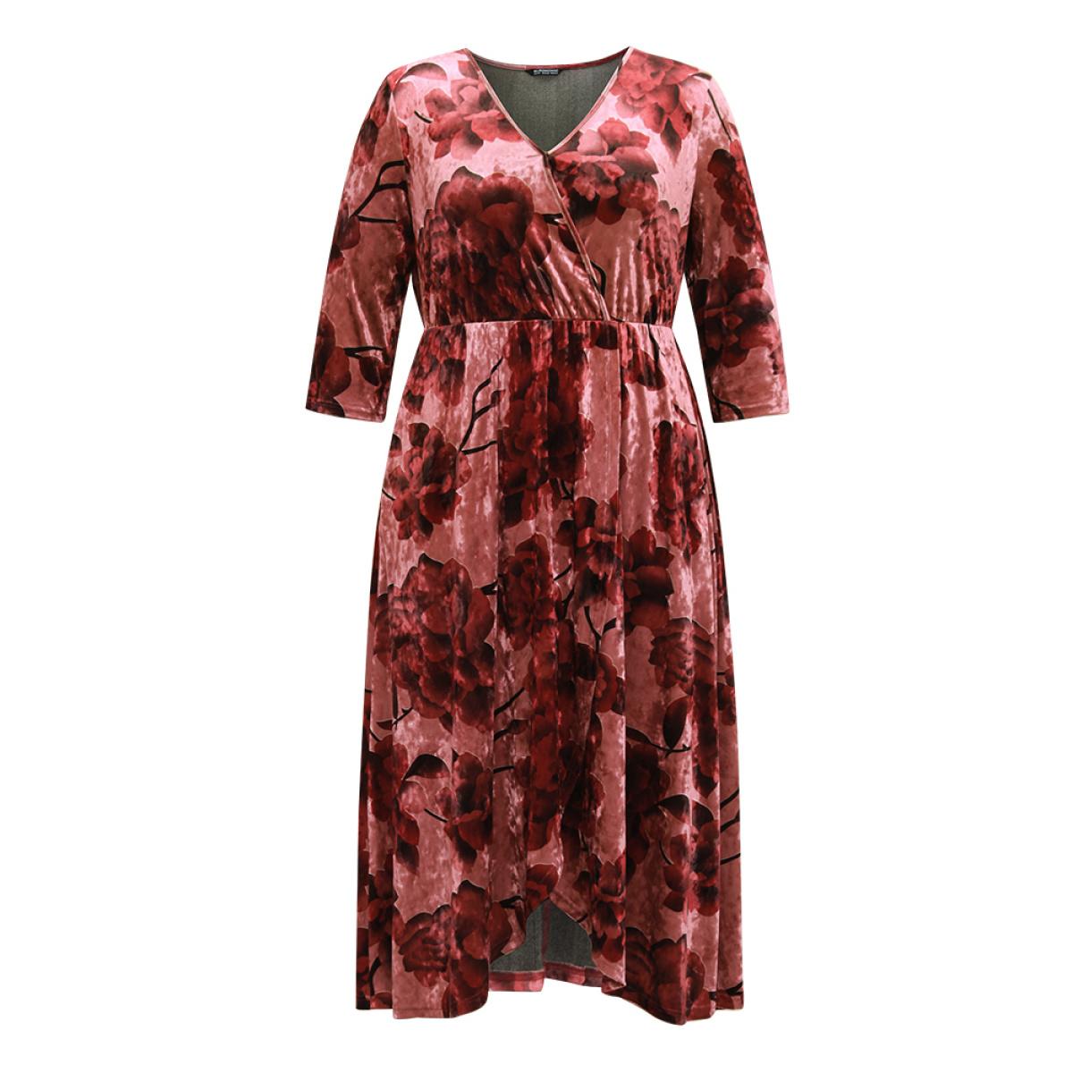 Plus Size Floral Velvet Elastic Waist Wrap Ruffle Hem Dress Maroon Women Glamour Velvet Overlap Collar Elbow-length sleeve Curvy Midi Dress BloomChic 26/4X Product Image