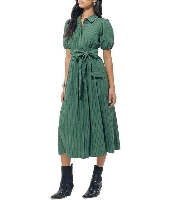 Adelyn Rae Traici Woven Puff Short Sleeve Button Down Wrap Midi Shirt Dress Product Image
