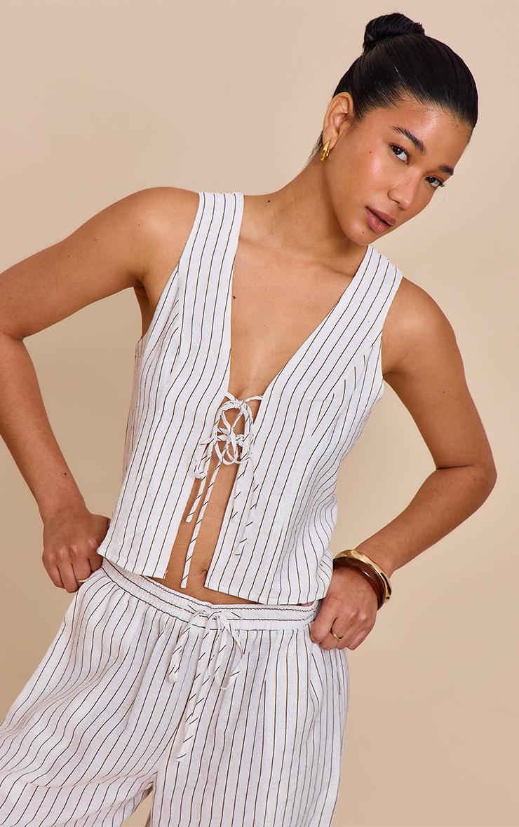 Cream Pinstriped Tie Front Top Product Image