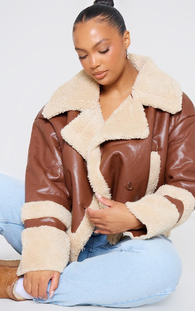 Plus Brown Battered Faux Leather Faux Fur Trim Coat Product Image