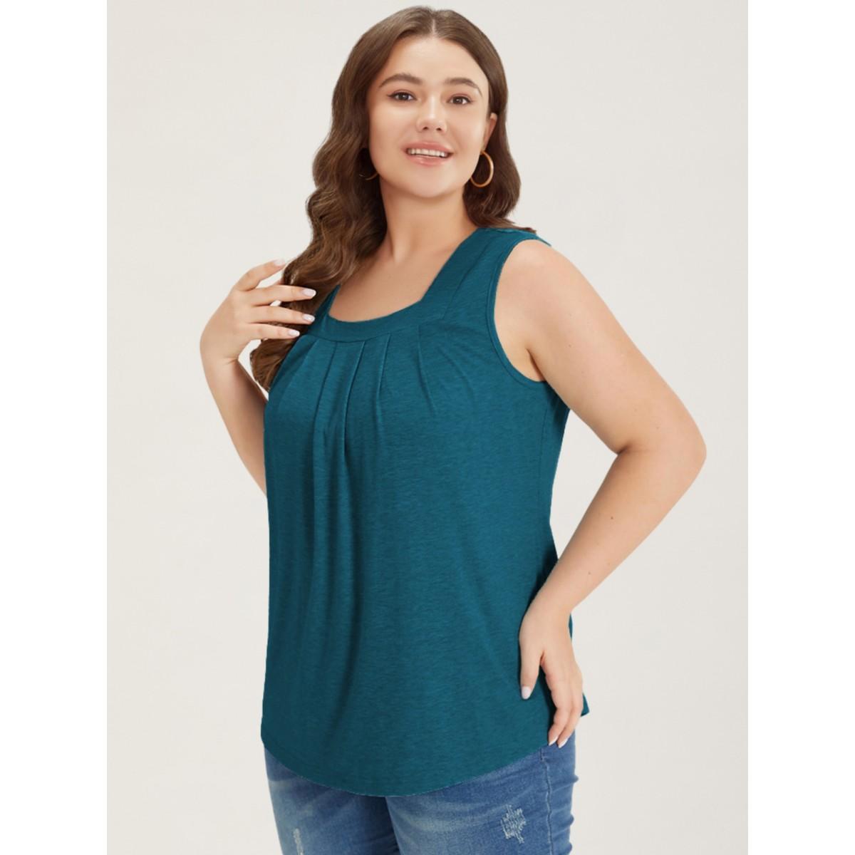 Plus Size Heather Plicated Detail Square Neck Tank Top Women Aegean Leisure Non U-neck Casual Tank Tops Camis BloomChic 12/L Product Image