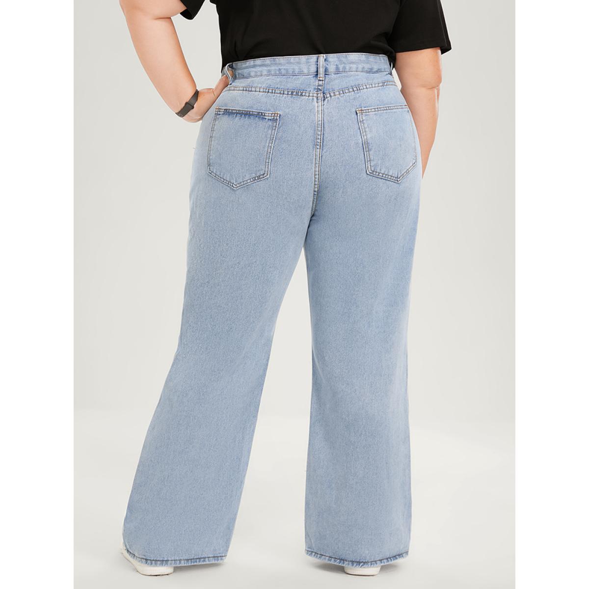Plus Size Boyfriend Wide Leg Non Stretchy High Rise Light Wash Distressed Jeans Women LightBlue Casual Plain Distressed No stretch Pocket Jeans BloomChic 16/1X Product Image