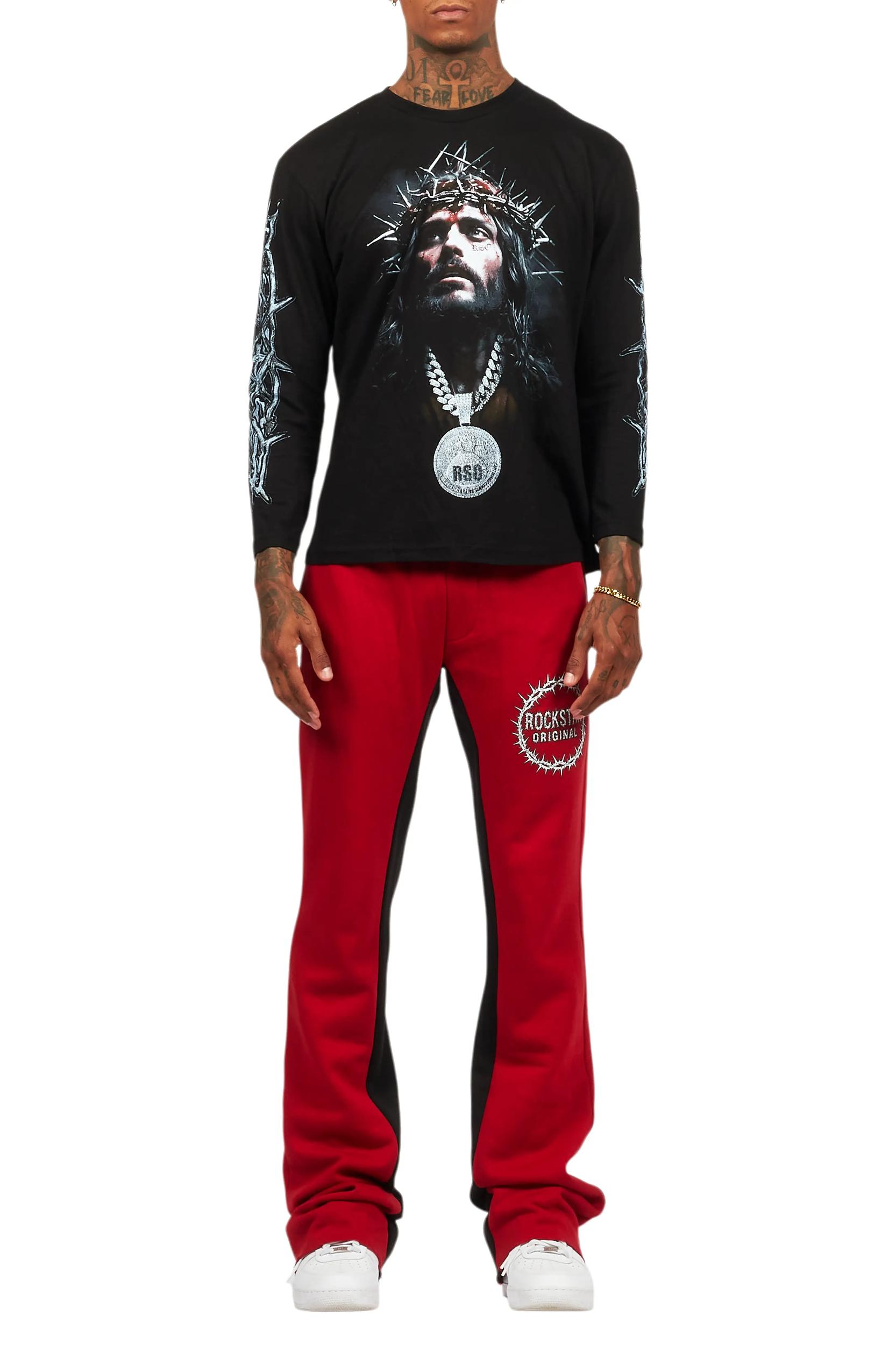 Amina Black/Burgundy Long Sleeve T-Shirt/Baggy Pant Set Male Product Image