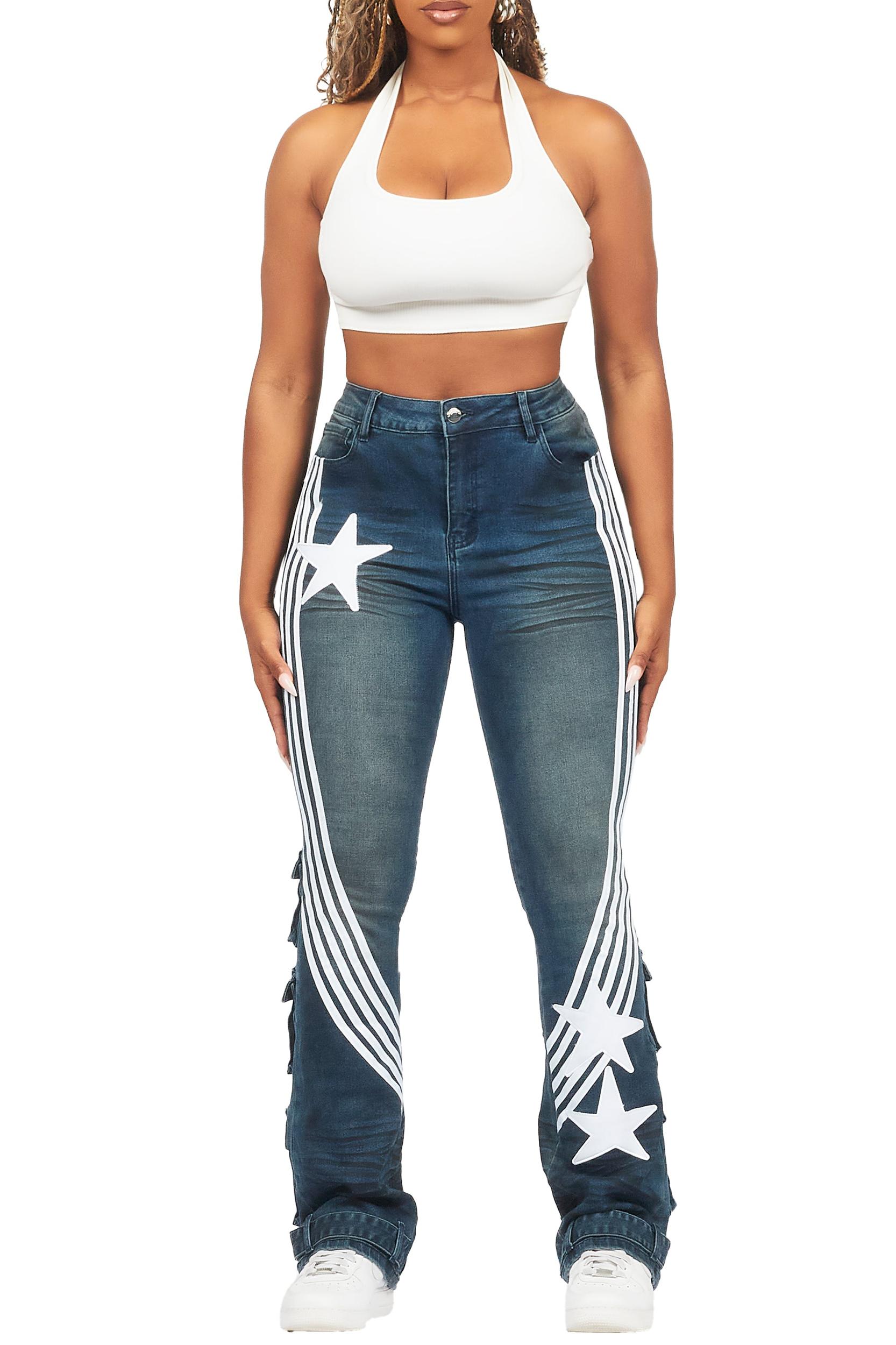 Jaziya Dark Wash Stacked Flare Jean Female Product Image