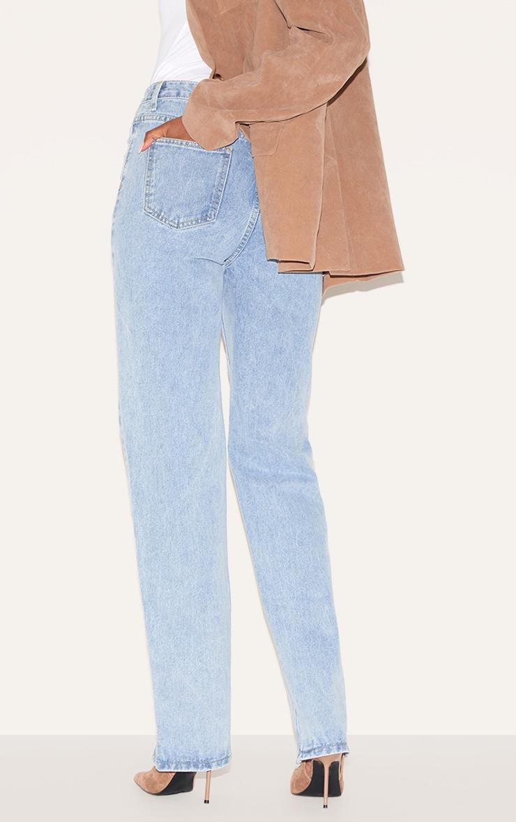 Light Blue Wash Front Split Long Leg Straight Jeans Product Image