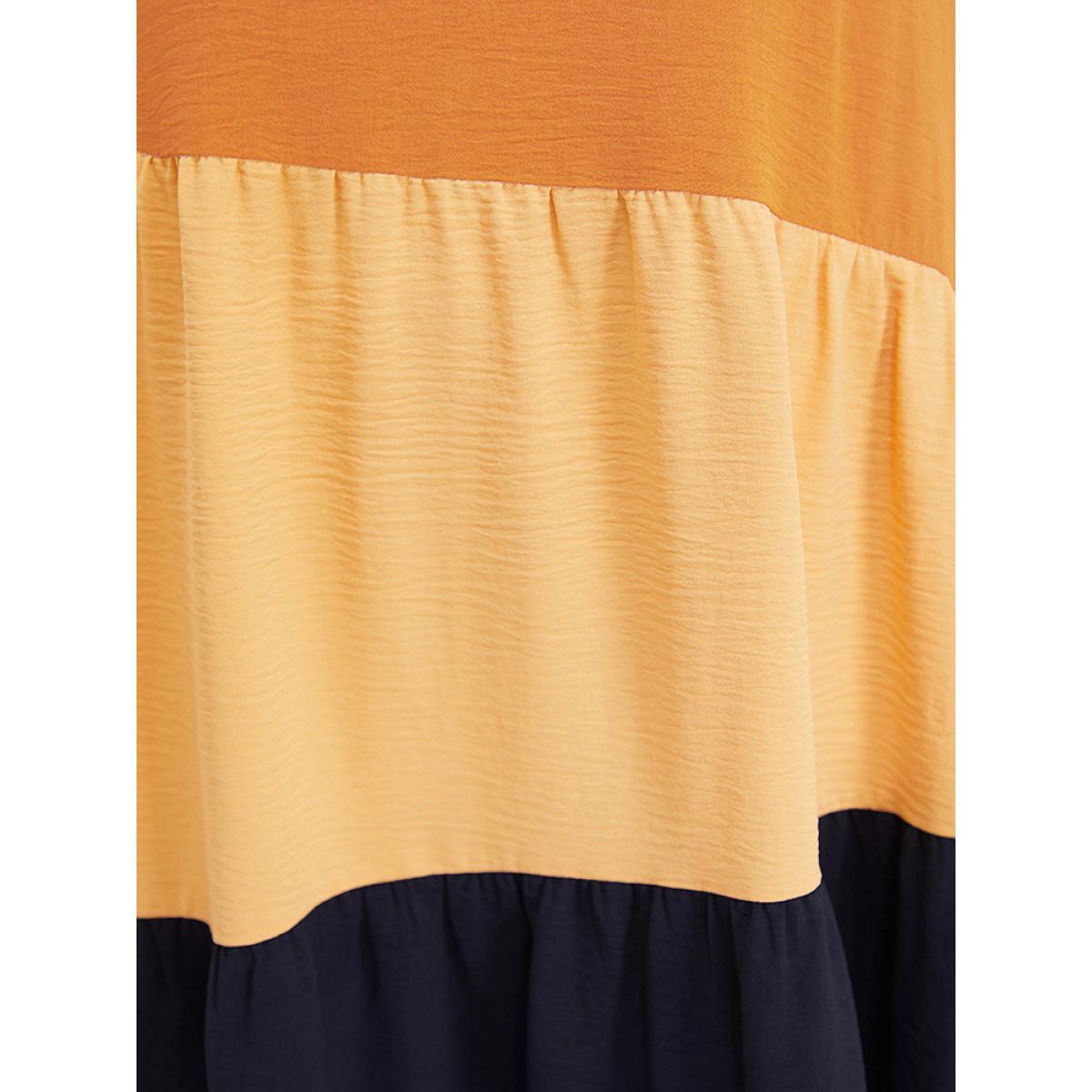 Plus Size Contrast Patchwork Pocket Cuffed Sleeve Dress Multicolor Women Casual Plain Round Neck Short sleeve Curvy Midi Dress BloomChic 10/M Product Image