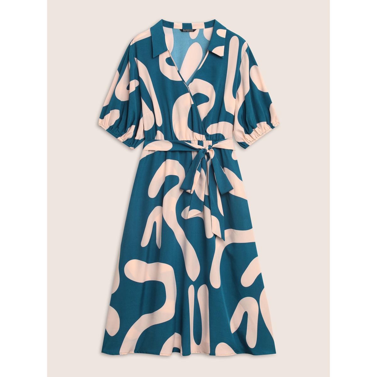 Plus Size Shirt Collar Contrast Geometric Belted Midi Dress Aegean Women At the Office Gathered Shirt collar Half Sleeve Curvy BloomChic 10/M Product Image