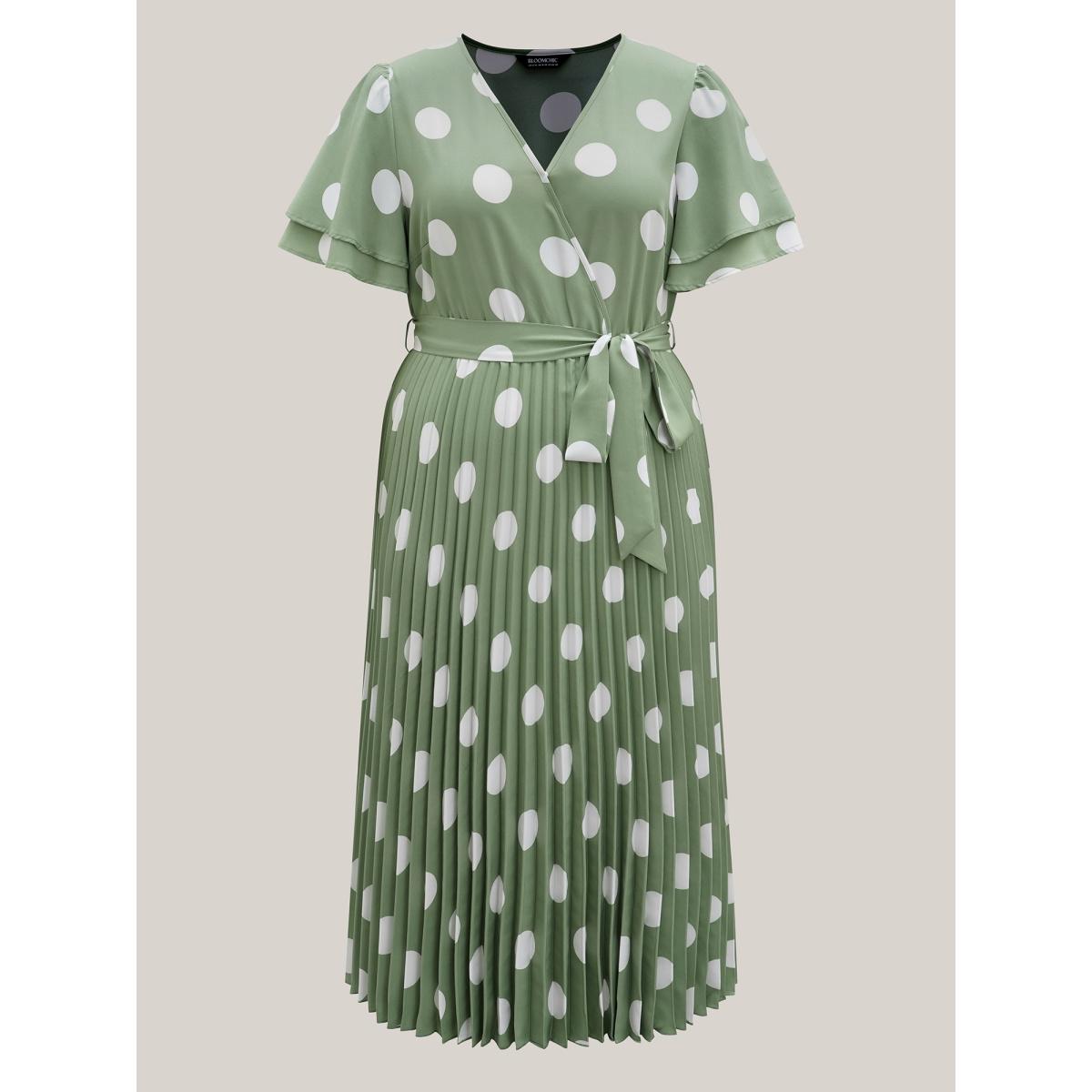 Plus Size Polka Dots Print Plicated Detail Maxi Dress Sage Women Overlap Collar Short sleeve Curvy BloomChic 10/M Product Image