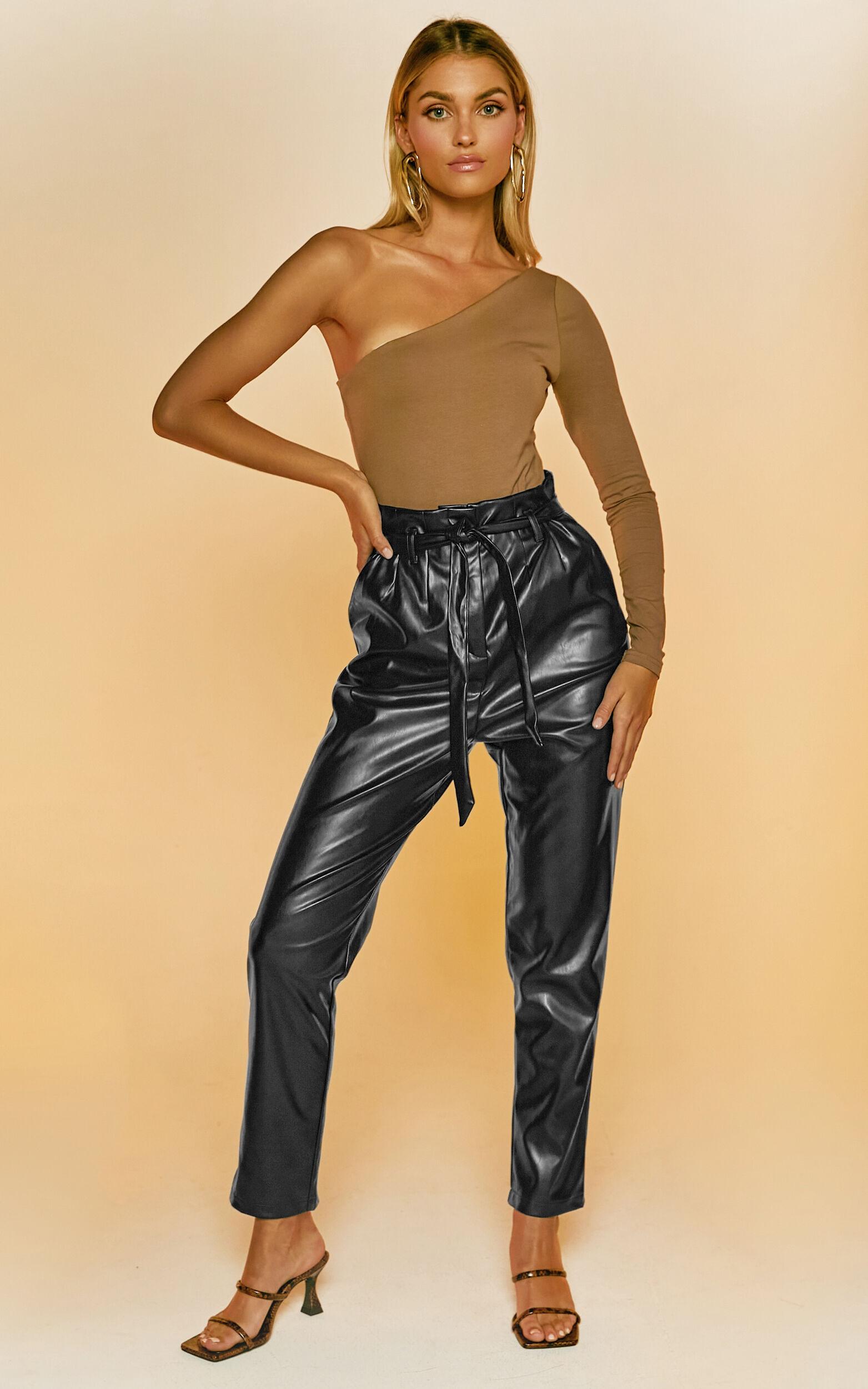Layton Pants - Paper Bag Waist Faux Leather Pants in Black Product Image
