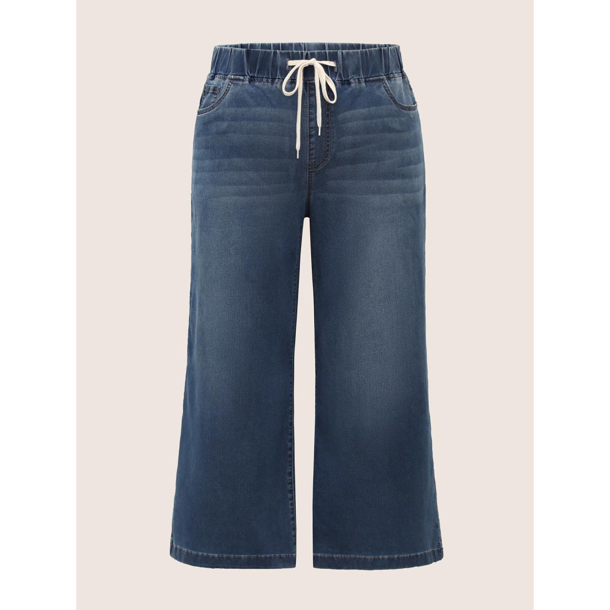 Plus Size Dark Wash Drawstring Wide Leg Jeans Women Denimblue Casual Drawstring High stretch Slanted pocket Jeans BloomChic 10/M Product Image