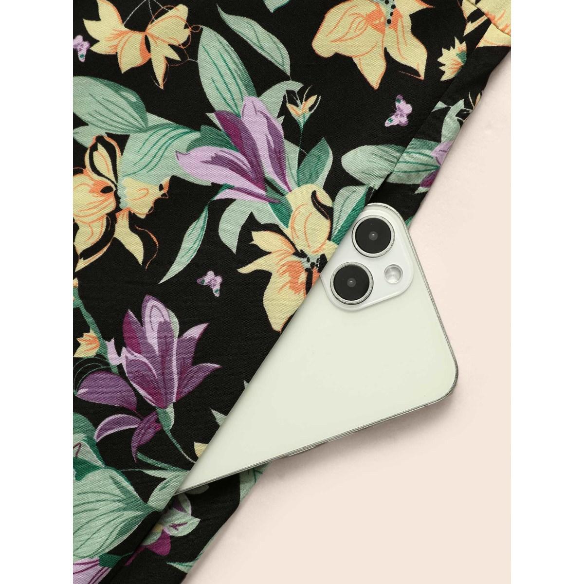 Plus Size Floral Overlap Collar Lantern Sleeve Dress Black Women Elegant Non Overlap Collar Long Sleeve Curvy BloomChic 12/L Product Image