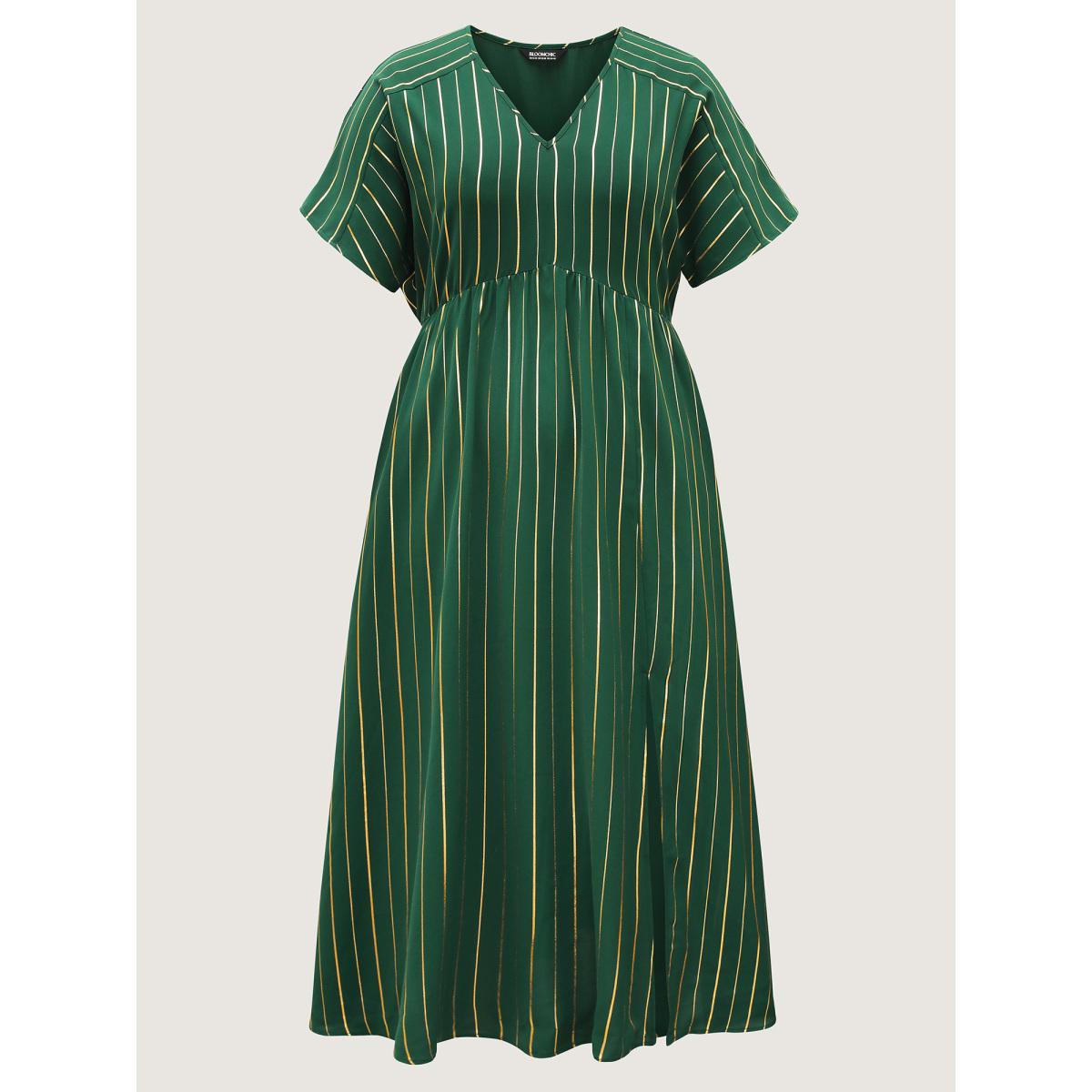 Plus Size Gold Shimmery Stripes Pockets Midi Dress DarkGreen Women Party&Cocktail V-neck Short sleeve Curvy BloomChic 12/L Product Image