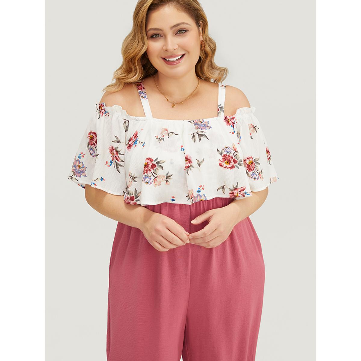 Plus Size DustyPink Floral Patchwork Pocket Ruffle Trim Cold Shoulder Jumpsuit Women Elegant Short sleeve Cold Shoulder Dailywear Loose Jumpsuits BloomChic 30/6X Product Image
