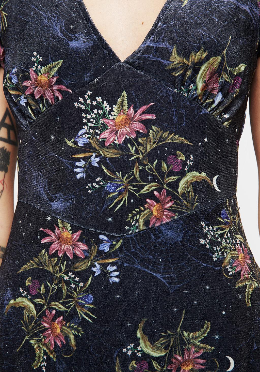 Cleome Floral Spiderweb Velour Corset Midi Dress Product Image