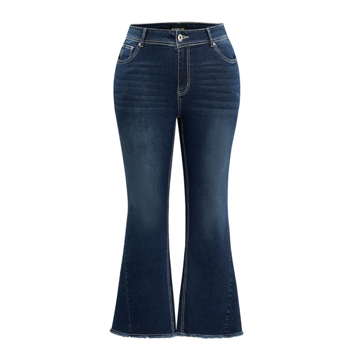Plus Size High Rise Flare Jeans With Frayed Hem Women DarkBlue Casual Plain Plain High stretch Pocket Jeans BloomChic 30/6X Product Image